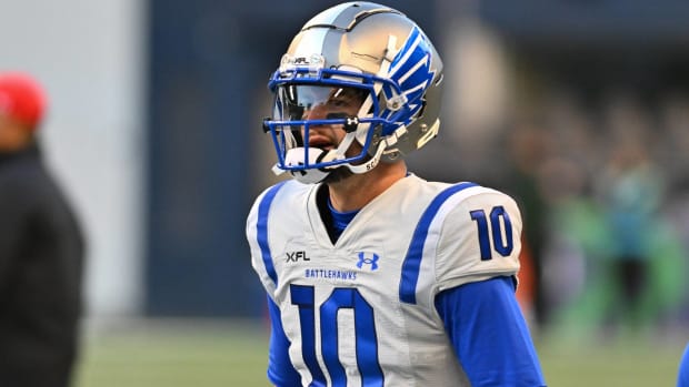 St. Louis BattleHawks quarterback A.J. McCarron looks on before an XFL game.